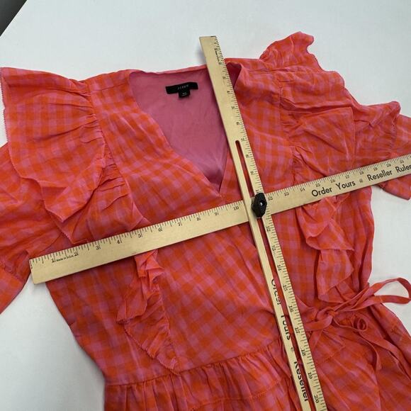 J.Crew Shirt Womens XS Pink Orange Gingham Wrap Ruffle Tie Waist Peplum AW940 - Picture 8 of 10